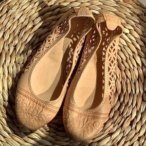 Tan Leather Flats with Rounded Toe Design